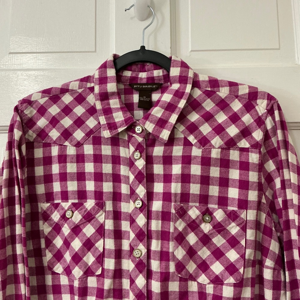 Bit & Bridle Western Gingham Shirt Womens M Burgundy Plaid Ranch Western Cowgirl